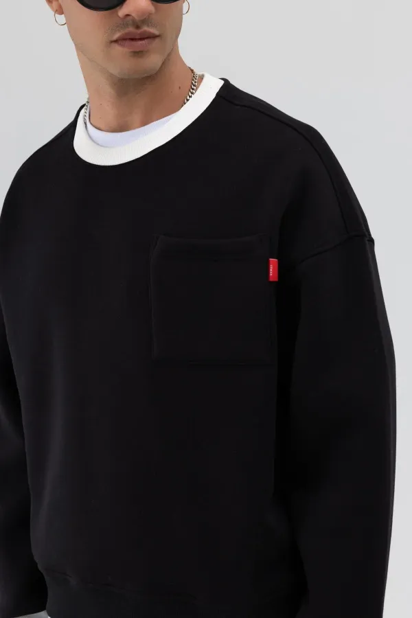 Crew Neck Oversize Sweatshirt with Pocket Detail, Black