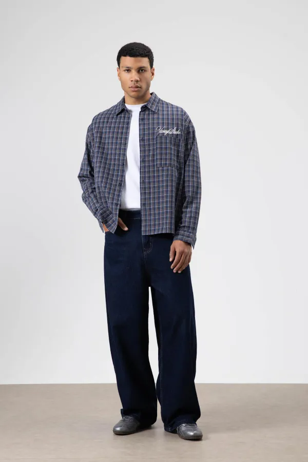 Oversize Kareli Arka Baskılı Uzun Kol Gömlek Lacivert-Kahve