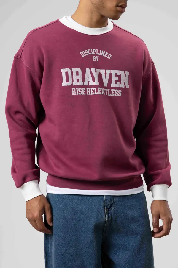 Oversize Bisiklet Yaka Baskılı Sweatshirt Bordo