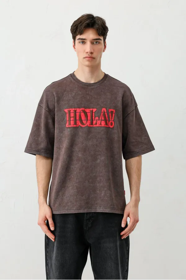 Yıkamalı Baskılı Oversize Tişört Kahve