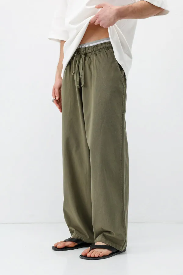 Super Baggy Fit Keten Pantolon Haki