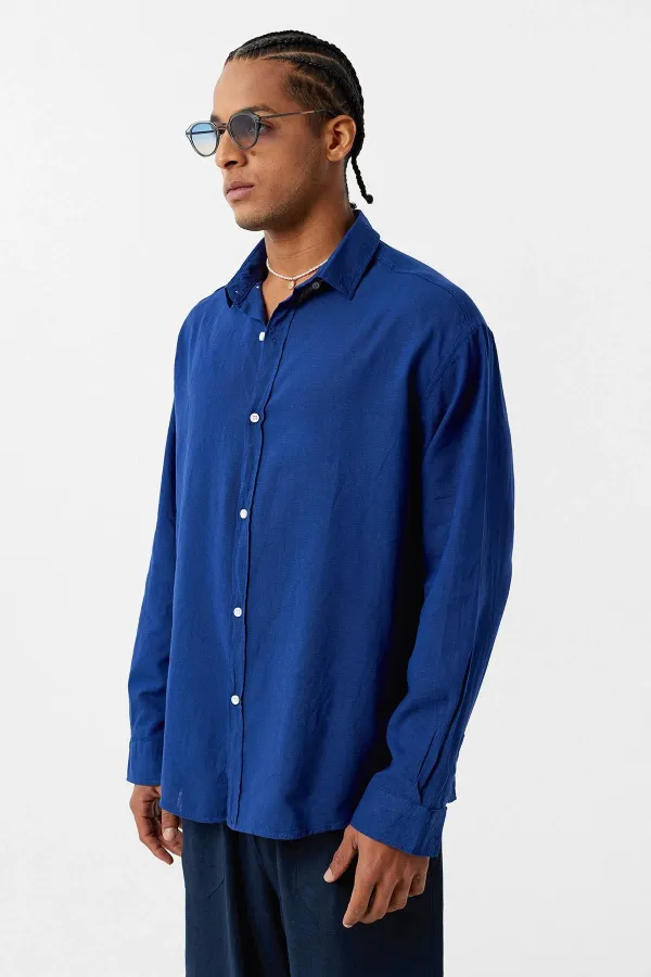 Basic Oversize Pamuk Keten Gömlek Saks Basic Oversize Pamuk Keten Gömlek Saks