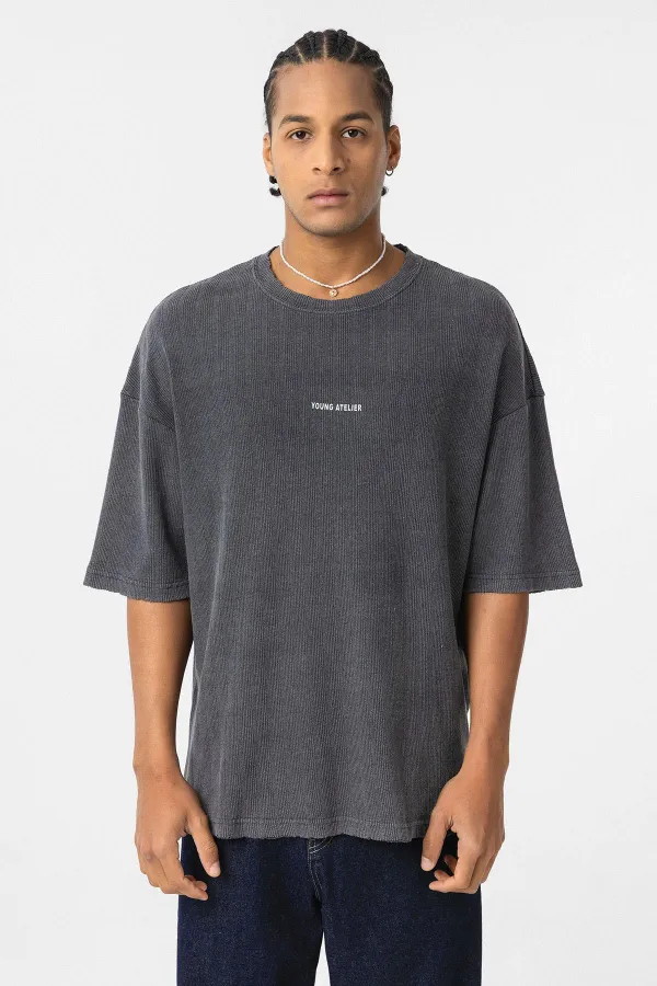 Yıkamalı Arka Baskılı Oversize Tişört Siyah