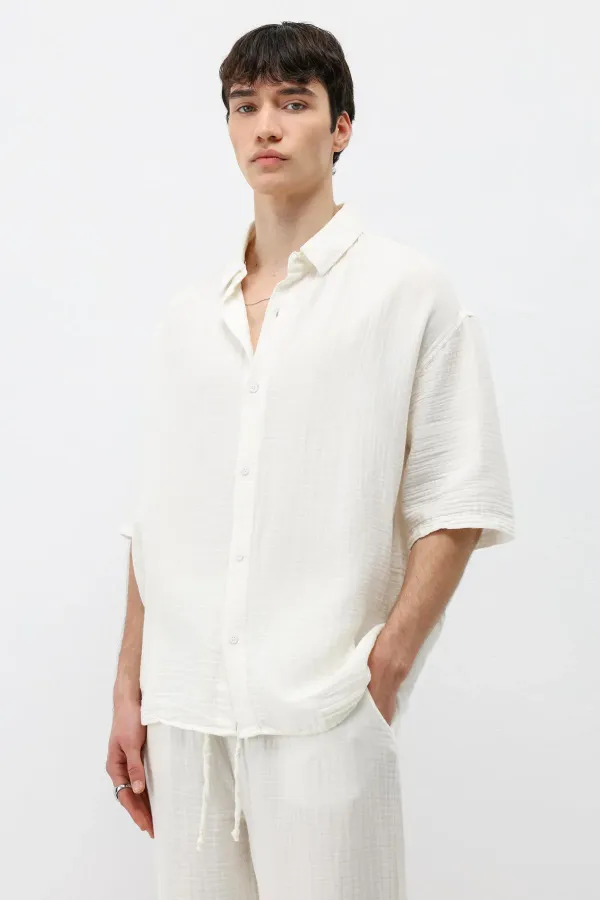 Ensemble en lin et mousseline coupe décontractée, écru