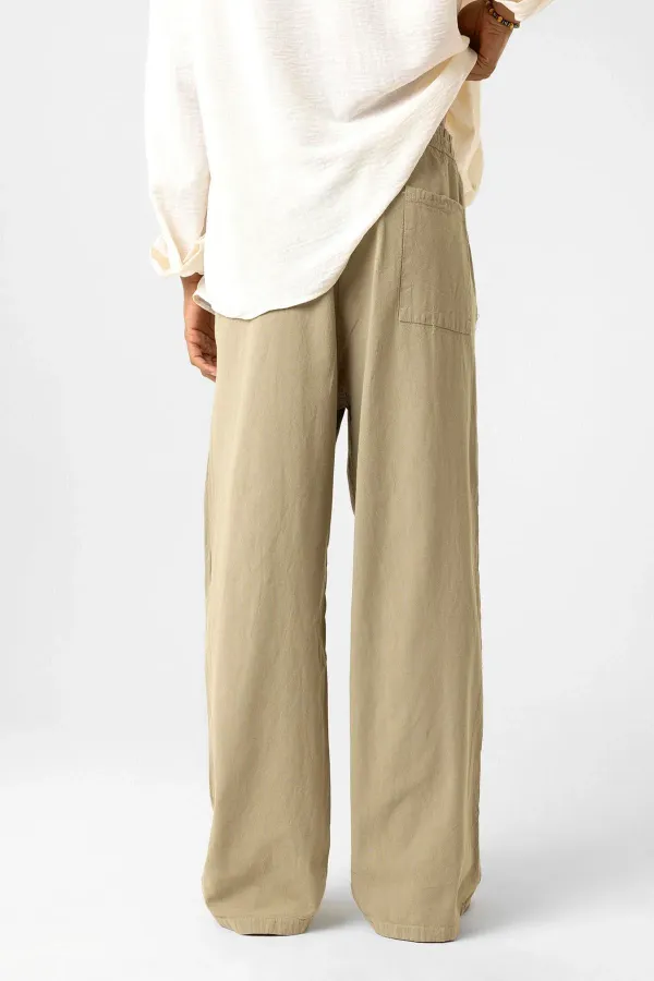 Bel Lastikli Baggy Fit Keten Pantolon Açık Haki