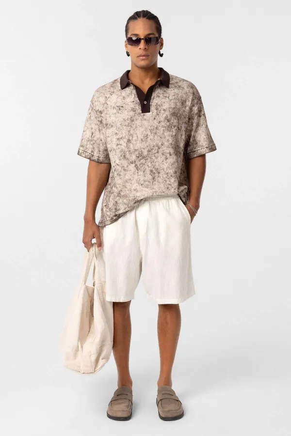 Yıkamalı Oversize Polo Yaka Tişört Kahve