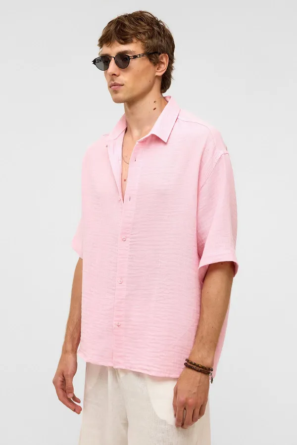 Oversize Kısa Kollu Müslin Kumaş Gömlek Pembe