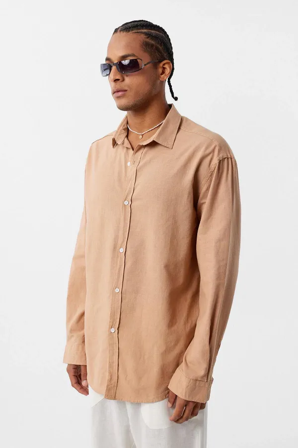 Basic Oversize Pamuk Keten Gömlek Camel Basic Oversize Pamuk Keten Gömlek Camel