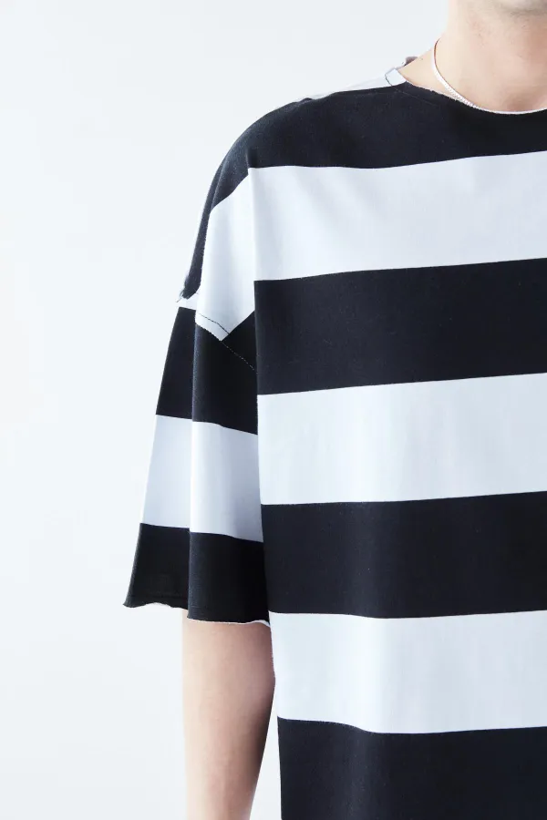 Digitally Printed Striped 100% Cotton Oversize T-Shirt Black