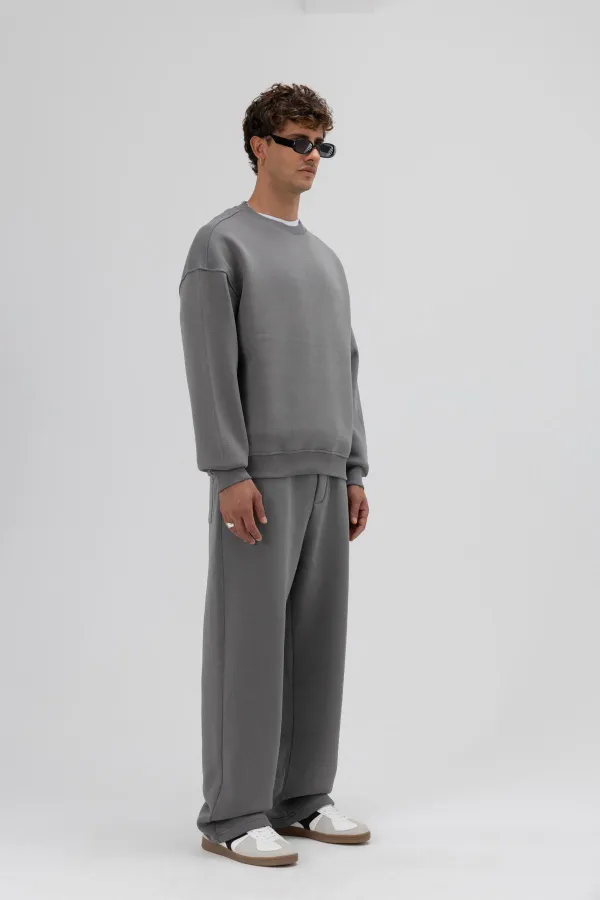 Sweat-shirt oversize basique à col rond, gris foncé