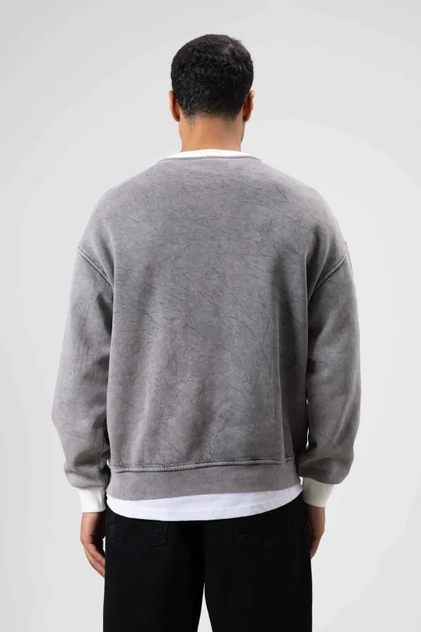 Oversize Bisiklet Yaka Baskılı Sweatshirt Gri
