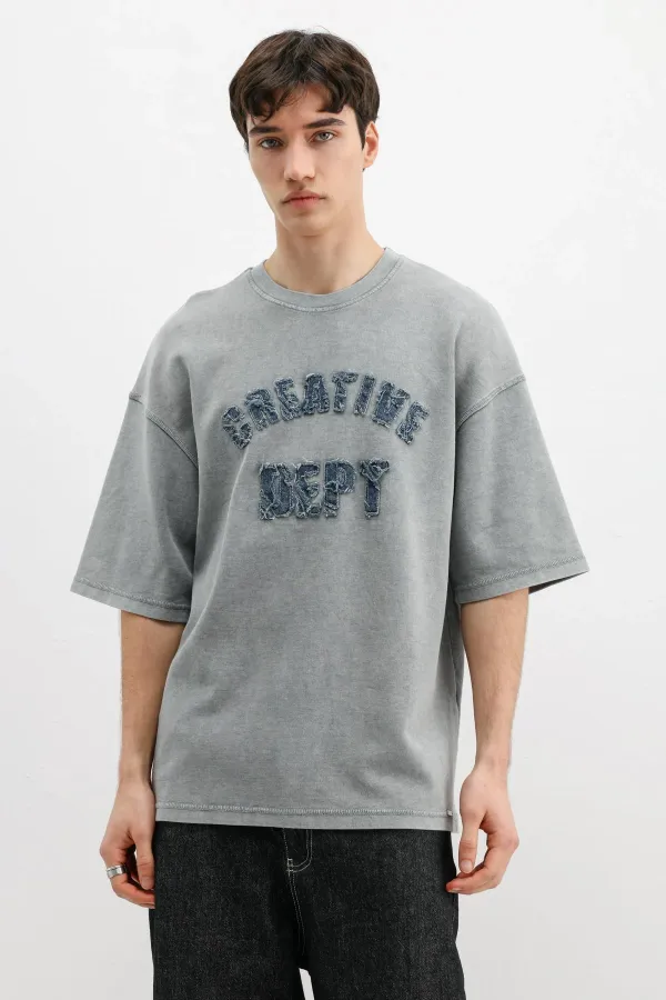 Yıkamalı Yazı Baskılı Oversize Tişört Gri