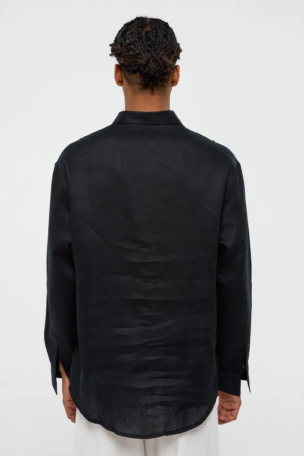 100% Linen Oversize Long-Sleeve Shirt Black