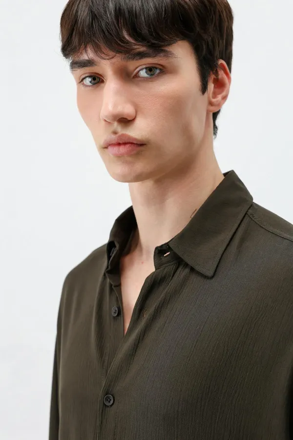 Hafif Dokulu Oversize Gömlek Kahve