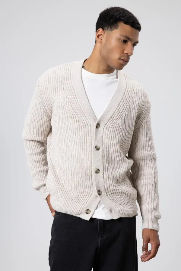 V Yaka Düğmeli Örgü Hırka Kazak Açık Taş