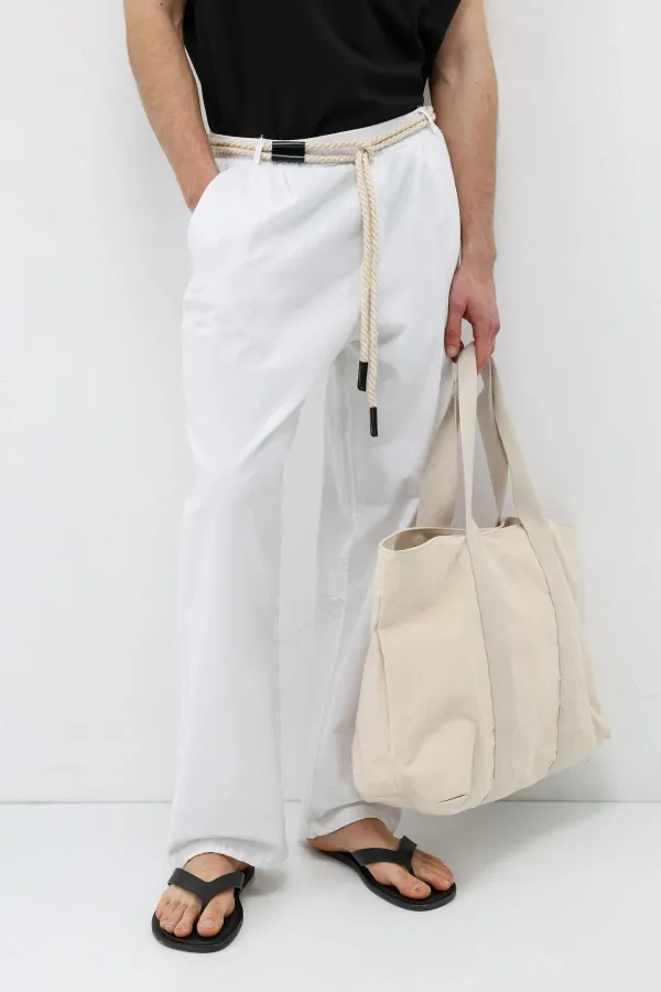 Kemer Detaylı Oversize Keten Pantolon Ekru