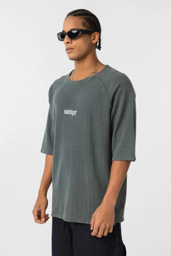 Yıkamalı Oversize Baskılı Triko Tişört Yeşil