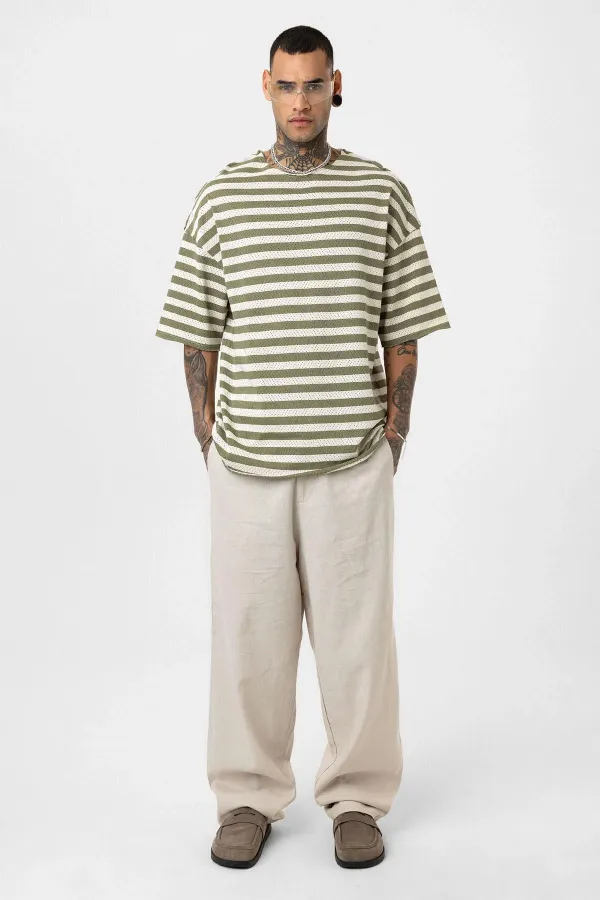 T-shirt rayé oversize en maille kaki