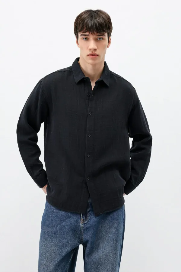 Dokulu Pamuklu Oversize Gömlek Siyah