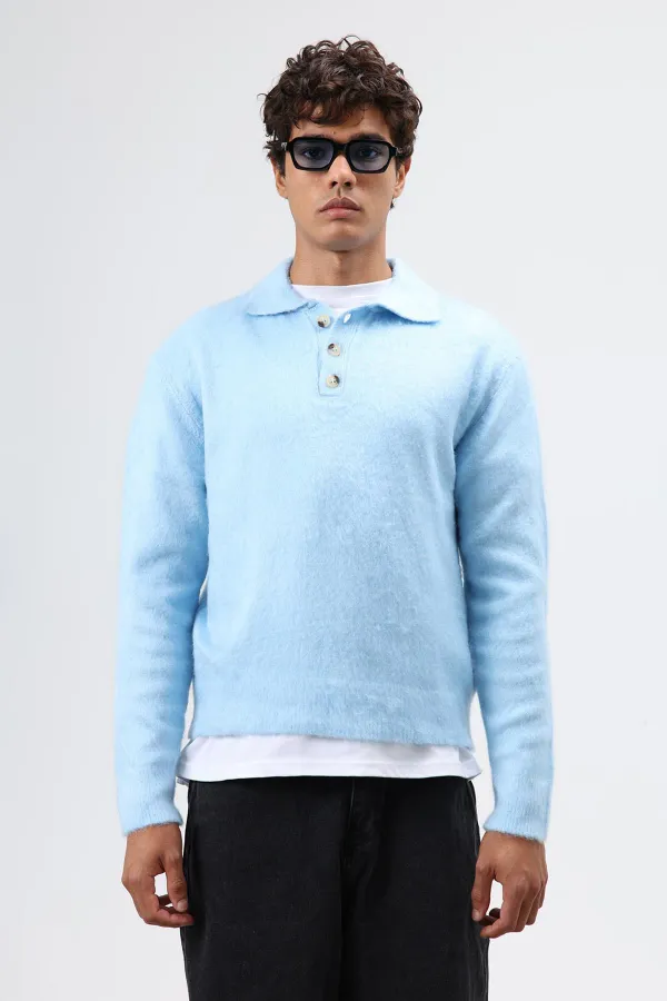 Polo Collar Soft Textured Knit Sweater Baby Blue