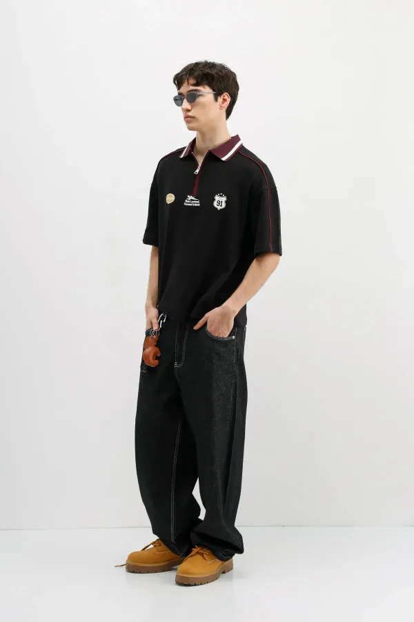 Fermuarlı Yaka Baskılı Oversize Tişört Siyah