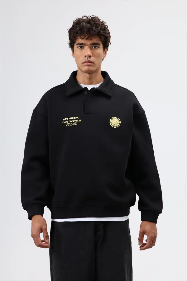 Sweat-shirt noir oversize à col polo imprimé délavé