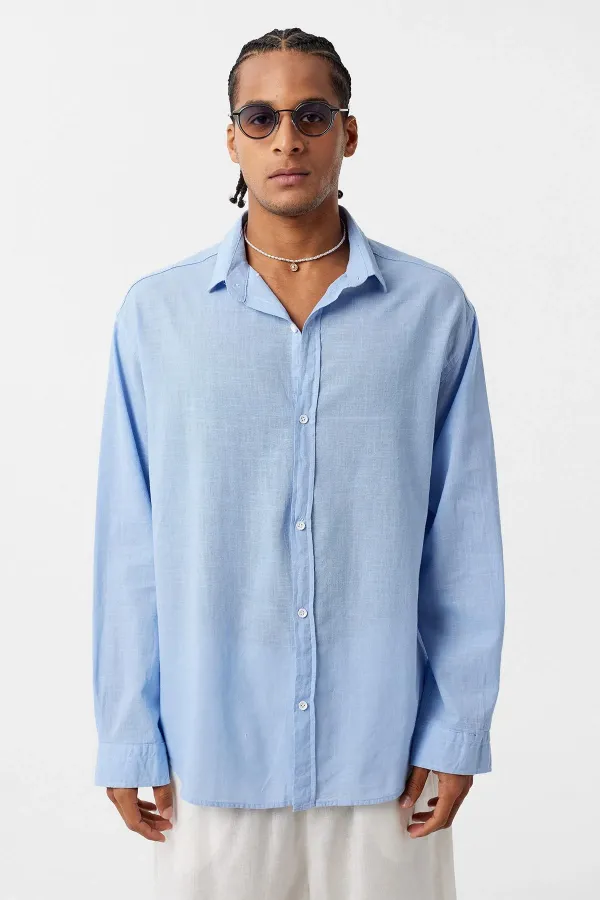 Basic Oversize Long-Sleeve Linen Shirt, Blue