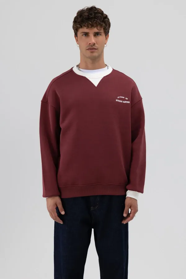 Sweat-shirt oversize à col rond imprimé bordeaux