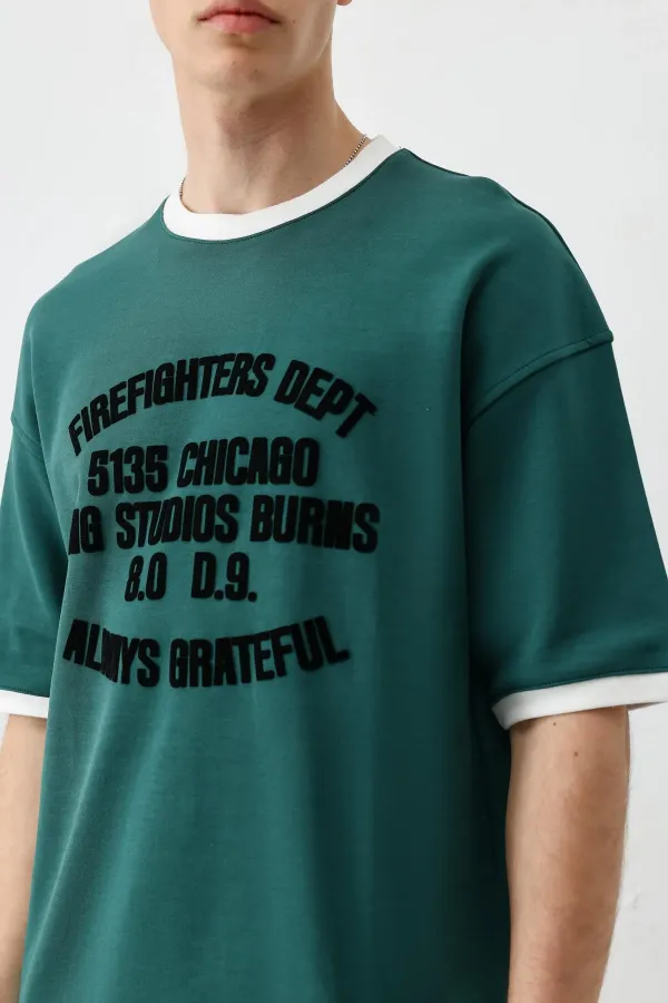 Baskılı Bisiklet Yaka Oversize Tişört Nefti