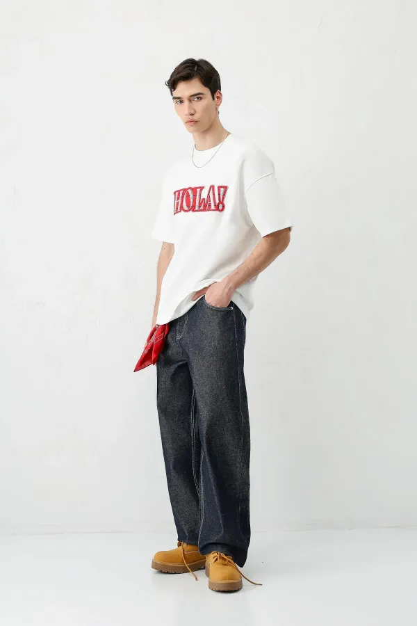 Yıkamalı Baskılı Oversize Tişört Ekru