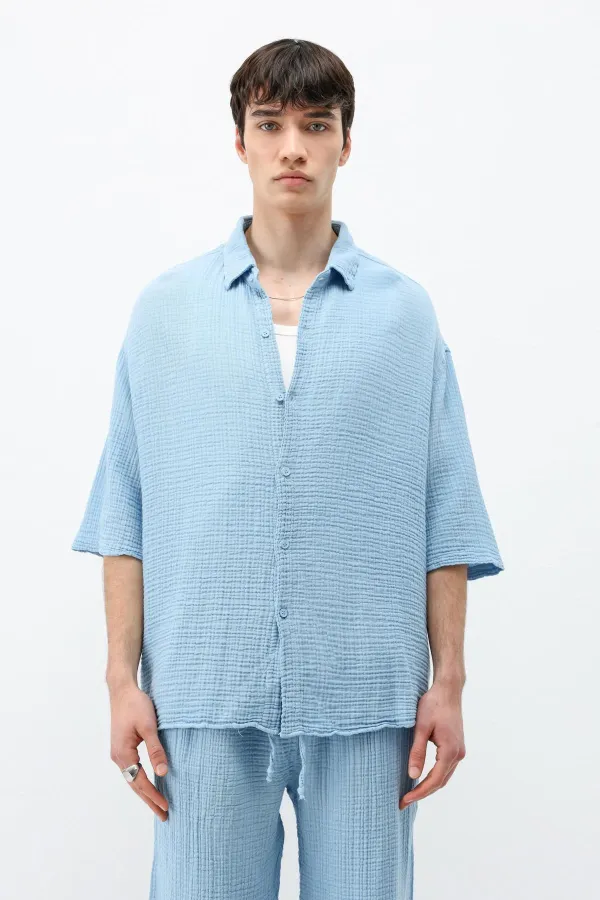 Müslin Kumaş Rahat Kalıp Keten Takım Bebe Mavi