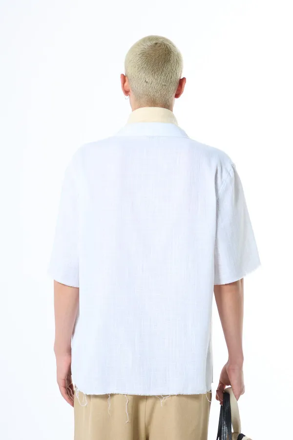 Seamless Short Sleeve Pocketless Oversize Linen Shirt White