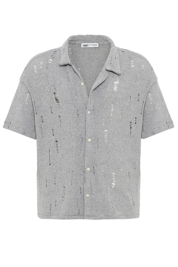 Oversize Deliklı Triko Gömlek Gri