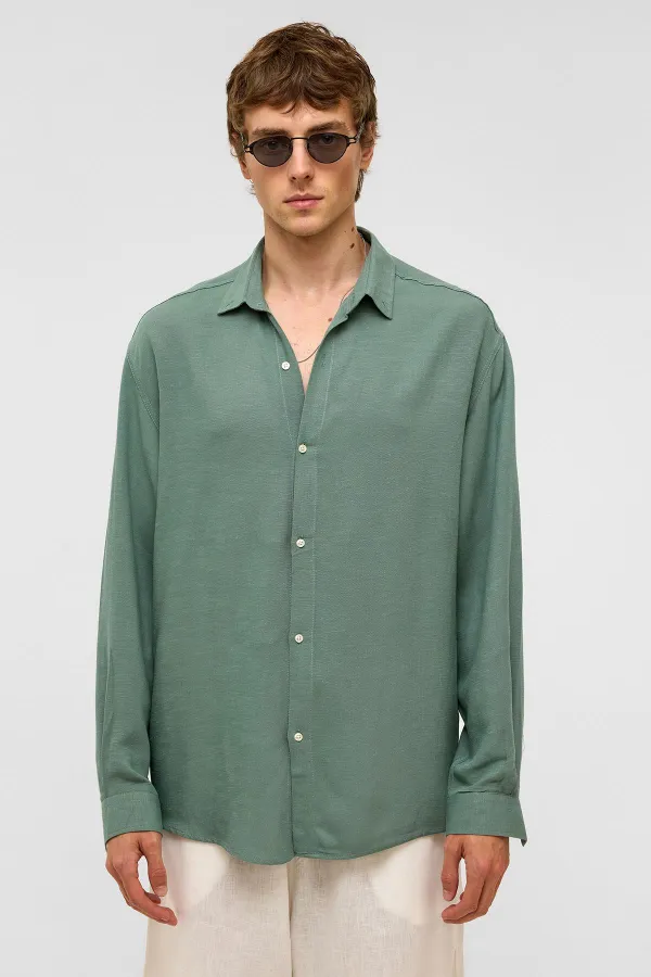 Oversize Uzun Kollu Keten Gömlek Haki