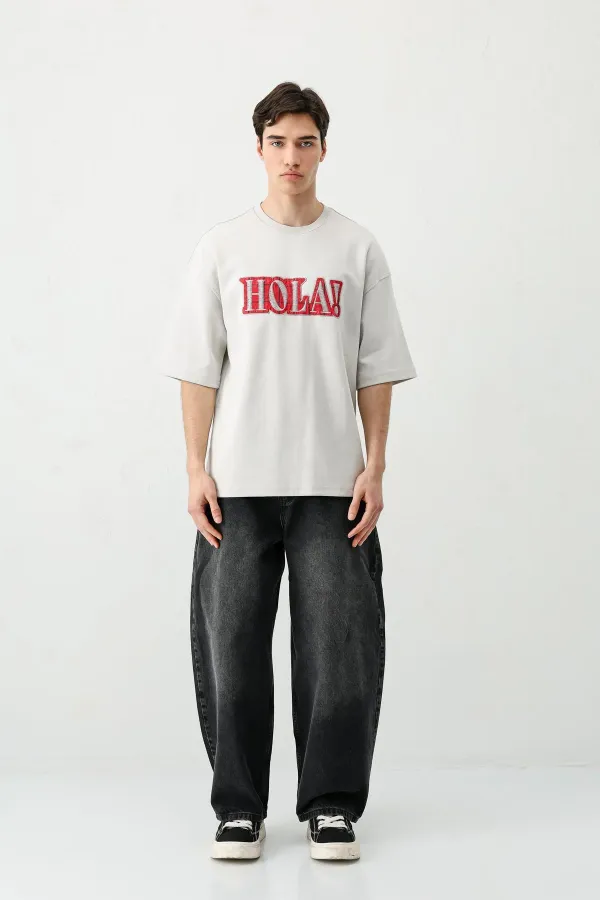 Yıkamalı Baskılı Oversize Tişört Açık Gri