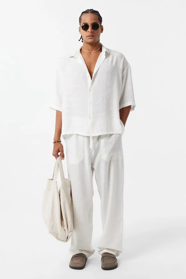 Oversize Short Sleeve Modal Fabric Shirt, Ecru