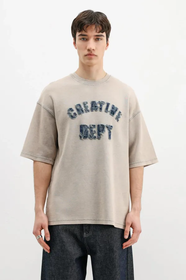 Yıkamalı Yazı Baskılı Oversize Tişört Bej