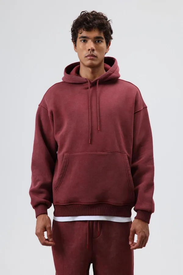 Sweat à capuche oversize basique délavé bordeaux