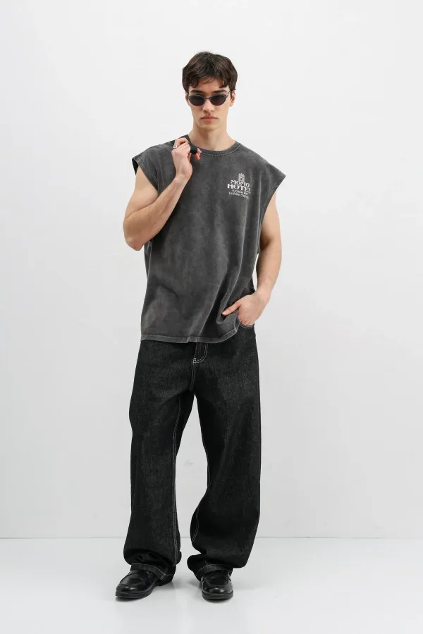 T-shirt oversize imprimé sans manches noir