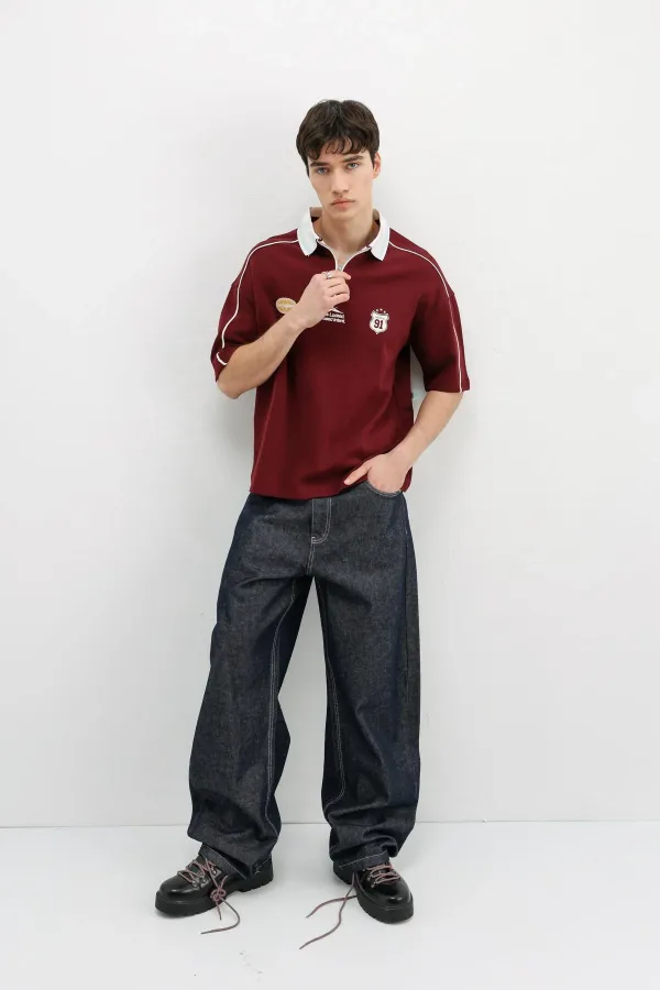 Fermuarlı Yaka Baskılı Oversize Tişört Bordo