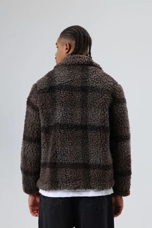 Oversize Peluş Ekose Ceket Kahve