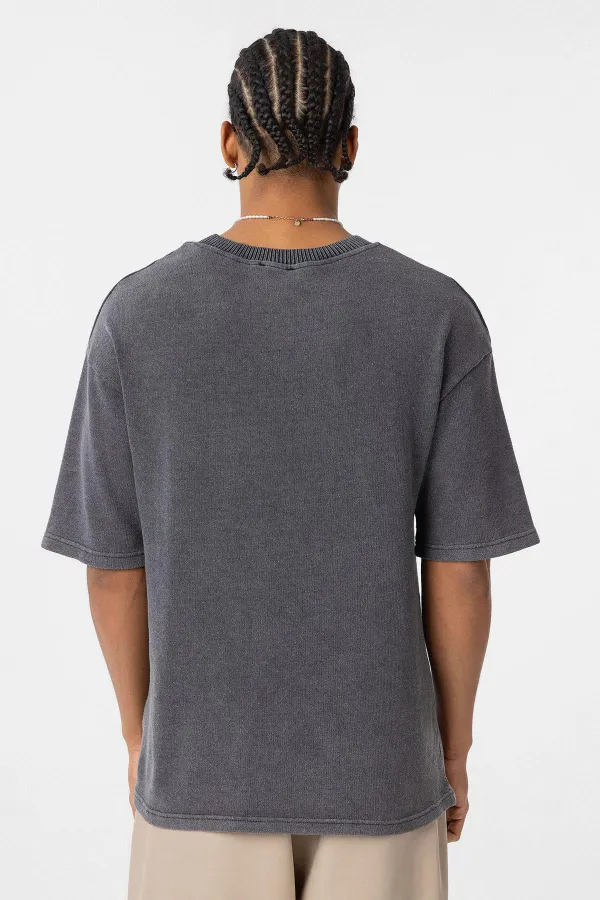 Yıkamalı Oversize Baskılı Tişört Siyah