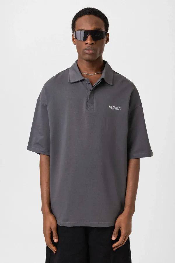 Polo Yaka Oversize Tişört Füme