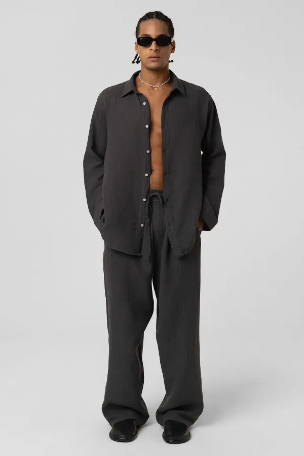 Baggy Fit Muslin Linen Trousers Anthracite