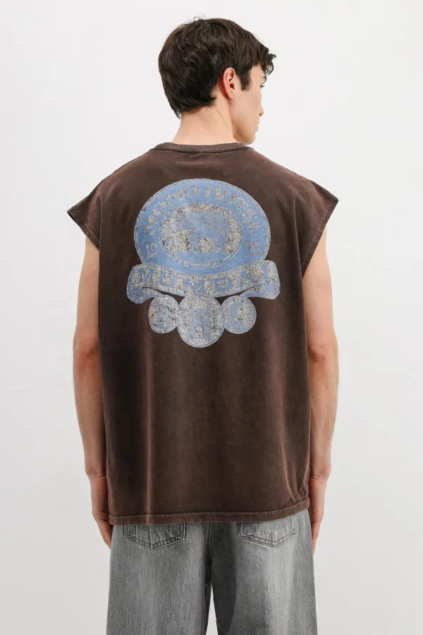 Baskılı Kolsuz Oversize Tişört Kahve