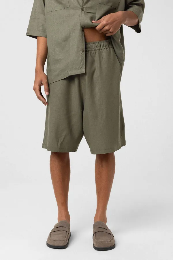 Oversize Keten Şort Haki