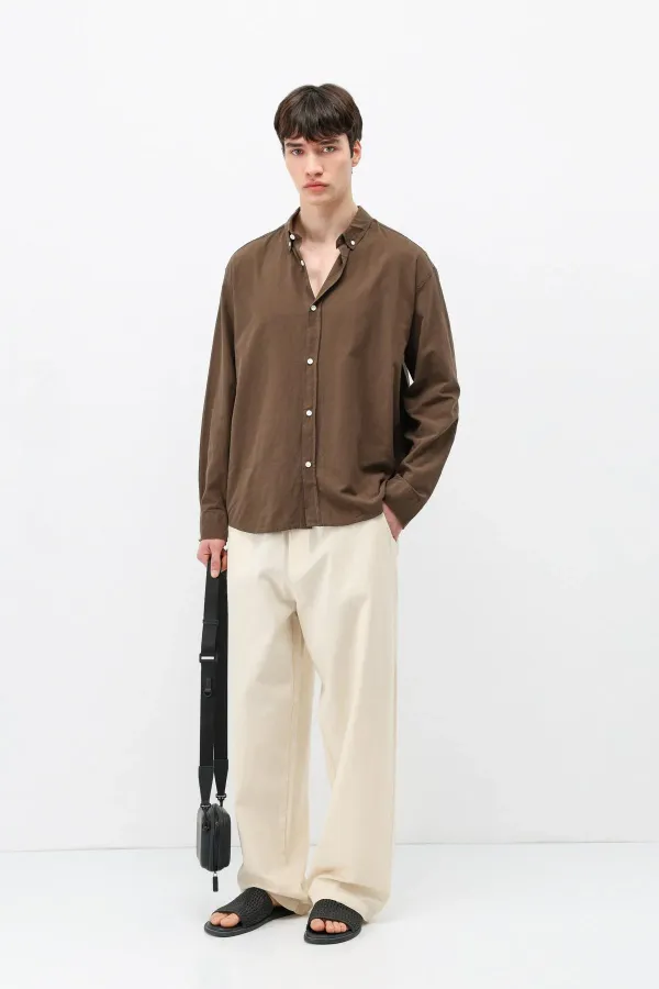 Basic Oversize Pamuk  Keten Gömlek Kahve
