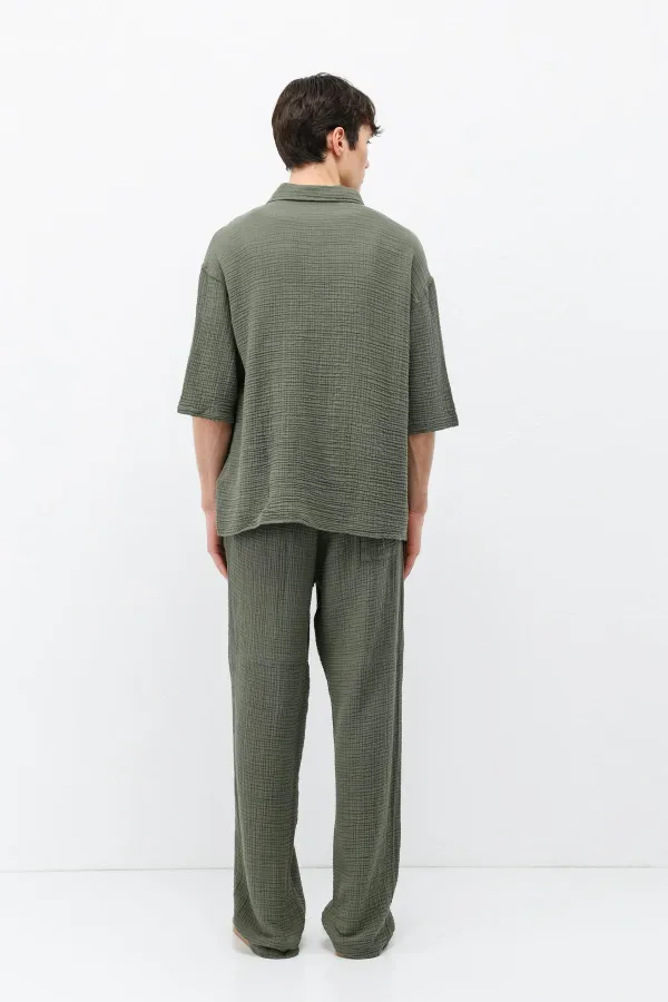 Müslin Kumaş Rahat Kalıp Keten Takım Haki