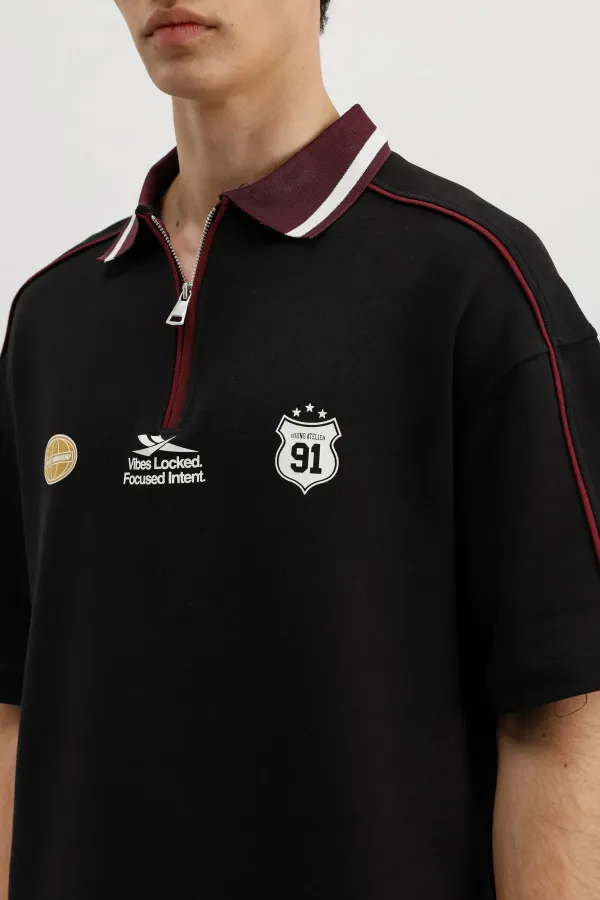 Fermuarlı Yaka Baskılı Oversize Tişört Siyah