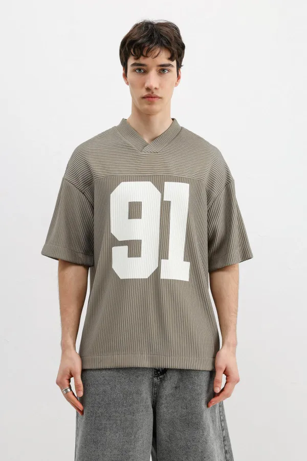 Baskılı Fitilli Oversize Tişört Haki